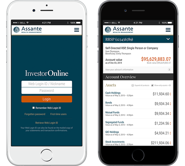 Assante InvestorOnline mobile mockups
